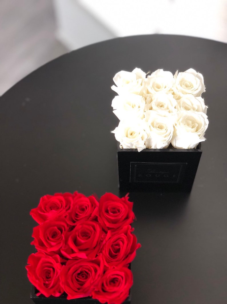 May include: Two square boxes filled with preserved roses. One box contains red roses and the other contains white roses. Both boxes are black and have the word "Rouge" printed on them.