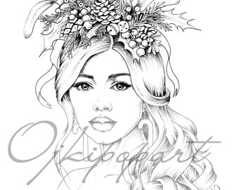 Face Carousel 26 Christmas fairy. Printable coloring page for adults. 2 pdf files: dark and bright version.