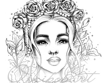 Valentine girl. Printable coloring page for adults. 2 pdf files: dark and bright version.