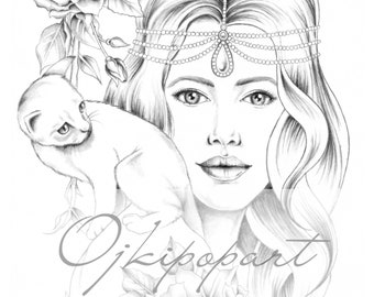 Slavic Beauty 10. Printable coloring page for adults. 2 pdf files: black and grey version.