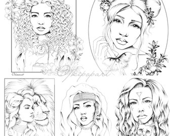 Face Carousel 16-20. Five printable coloring pages for adults. 2 pdf files: black and grey version.