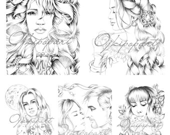 Face Carousel 11-15. Five printable coloring pages for adults. 2 pdf files: black and grey version.