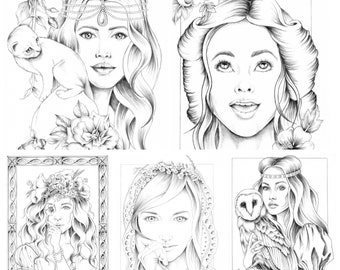 Slavic Beauty 6-10. Five printable coloring pages for adults. 2 pdf files: black and grey version.