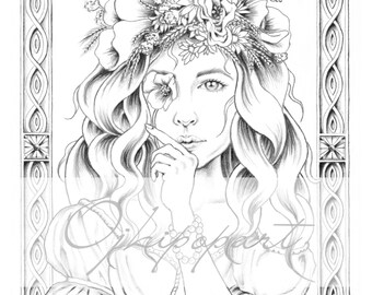 Slavic Beauty 8. Printable coloring page for adults. 2 pdf files: black and grey version.