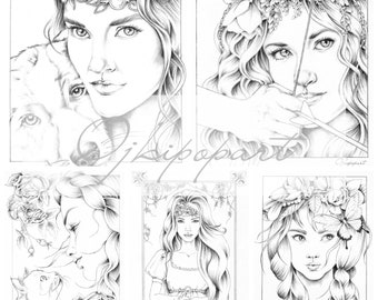 Slavic Beauty 1-5. Five printable coloring pages for adults. 2 pdf files: black and grey version.