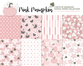 Pink Pumpkin Digital Paper Bundle, Seamless Pattern, Pumpkin Leaves, Polka Dots, Flowers, Stripes, Scrapbooking, Web Backgrounds, Gift Wrap