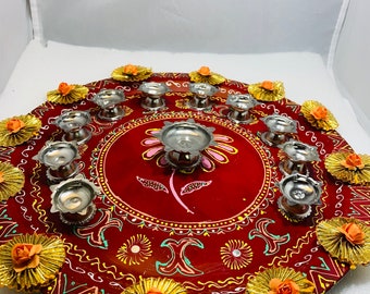 11 Diya thali, pooja thali, welcome thali, thali impreso a mano, regalo de inauguración de casa, bandeja de puja, arti thali