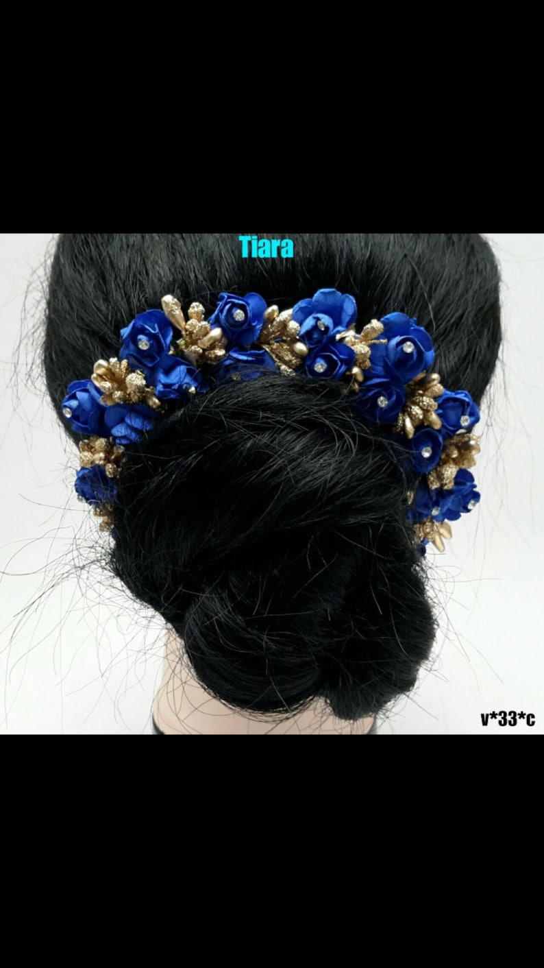 indian women bridal blue rose hair accessories tiara,beach wedding,flower  gajra,hair bun, juda,wedding hair accessories for womens & girls