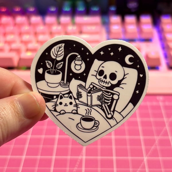 Reading Skeleton and Cat Sticker , Skeleton Sticker , Cat Sticker , Bookish Sticker , Cozy Reading Sticker , Book Sticker , Spooky Sticker