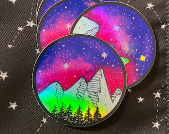 Holographic Galaxy Sticker , Holographic Celestial Sticker , Mountain Sticker , Celestial Mountain Sticker , Northern Lights Sticker