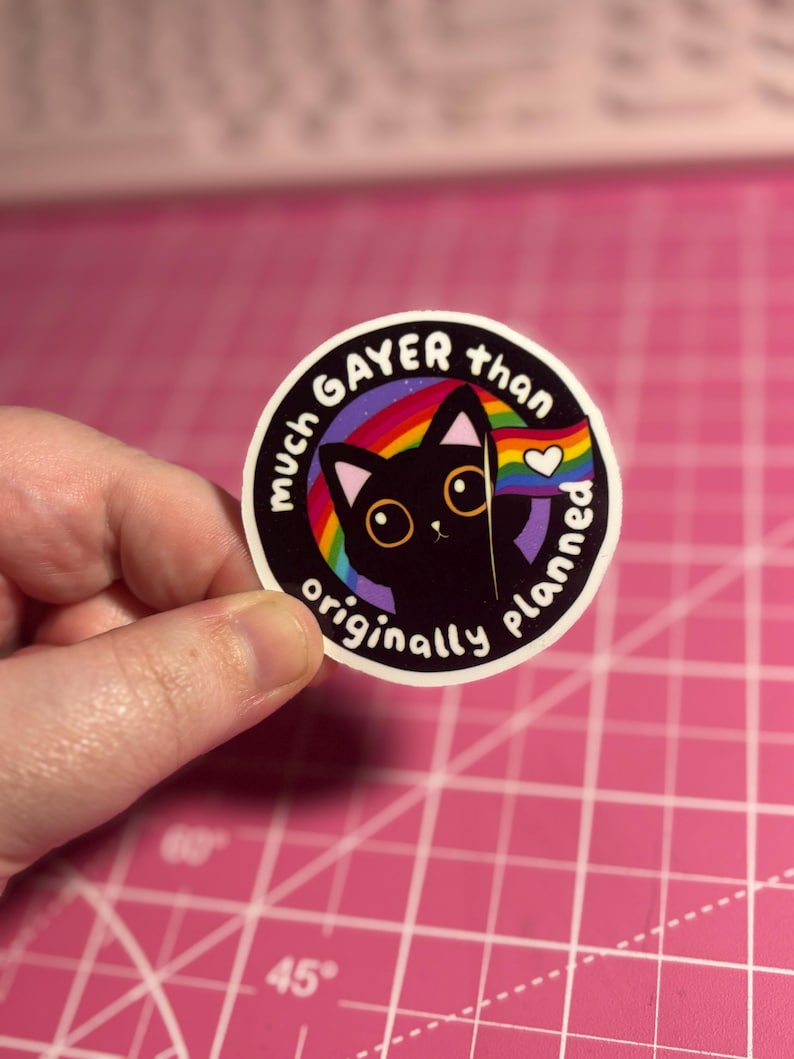 May include: A round sticker featuring a black cat with large eyes, a rainbow, and a heart-shaped flag. The text on the sticker reads "much GAYER than originally planned."