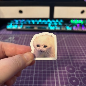 May include: A rectangular sticker featuring a sad-faced white cat with large, expressive eyes. The sticker has a white border and is held by a hand against a purple cutting mat.