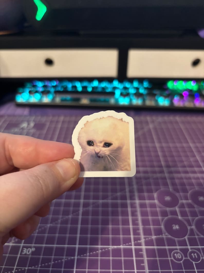 May include: A rectangular sticker featuring a sad-faced white cat with large, expressive eyes. The sticker has a white border and is held by a hand against a purple cutting mat.
