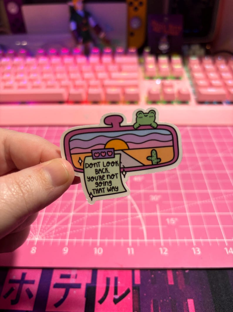 May include: A pink and purple car rearview mirror sticker with a sunset scene, a cactus, and a frog. The sticker has a note attached that says "DONT LOOK BACK. YOU'RE NOT GOING THAT WAY."