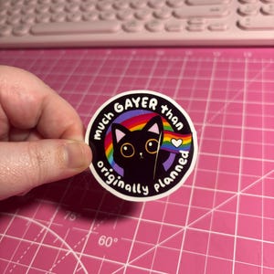 May include: A round sticker with a black cat illustration, rainbow, and the text "much GAYER than originally planned." The cat holds a rainbow flag with a heart. The sticker is held by a hand.