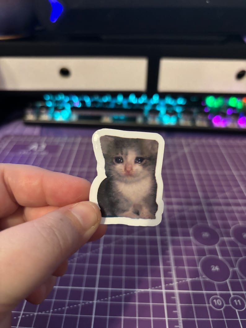 May include: A sticker featuring a sad-faced kitten with black and white fur. The sticker is held by a hand against a purple cutting mat. The kitten's eyes are large and expressive, conveying a sense of melancholy.