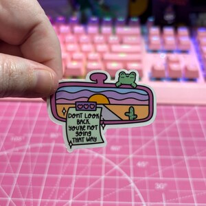 May include: A pink and blue car rearview mirror sticker with a sunset scene, a cactus, and a frog. The sticker has a white note attached to it that says "Don't look back. You're not going that way."