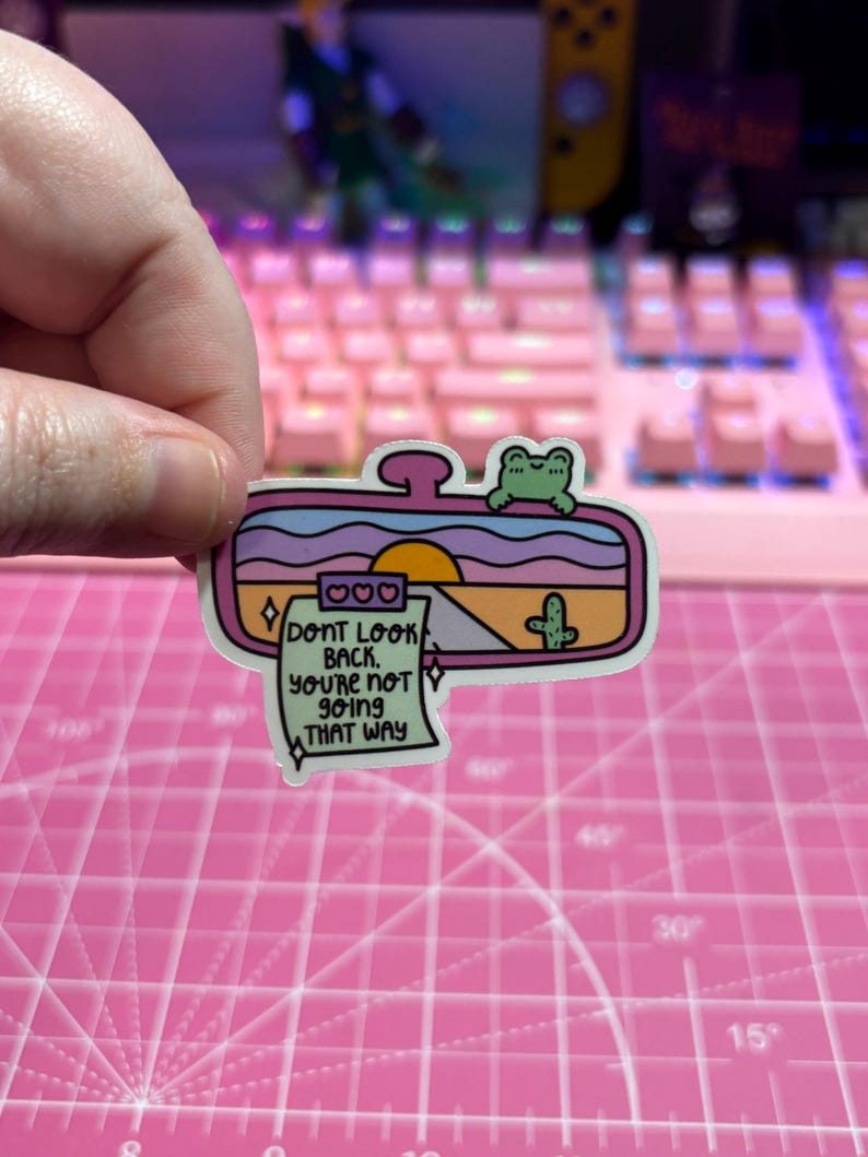 May include: A pink and blue car rearview mirror sticker with a sunset scene, a cactus, and a frog. The sticker has a white note attached to it that says "Don't look back. You're not going that way."