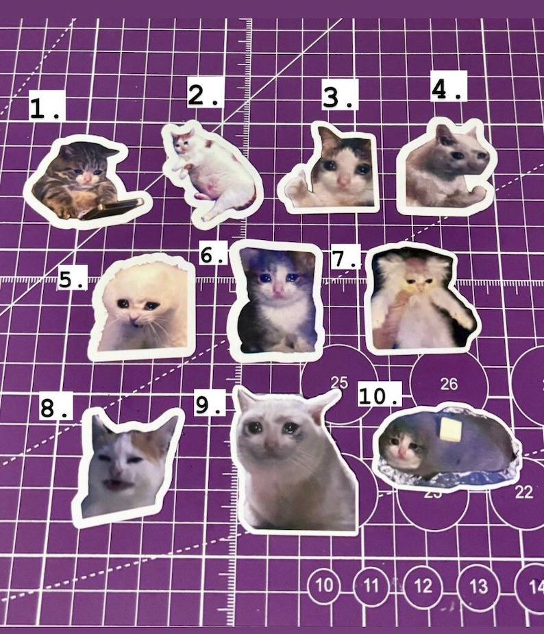 May include: A collection of ten cat meme stickers, each featuring a different image of a cat with various expressions. The stickers are on a purple cutting mat with white grid lines and numbers.