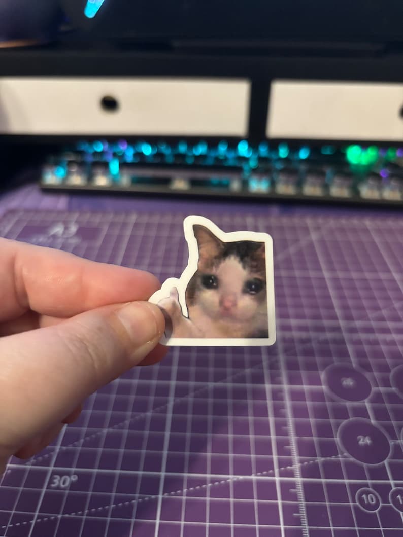 May include: A white sticker featuring a sad-faced cat with brown and white fur. The cat is giving a thumbs-up gesture. The sticker is held by a hand against a purple cutting mat.