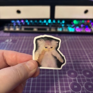 May include: A sticker featuring a digitally altered image of a cat with a surprised expression and outstretched arms. The cat has fluffy white fur and is set against a black background. The sticker is held by a hand against a purple cutting mat.