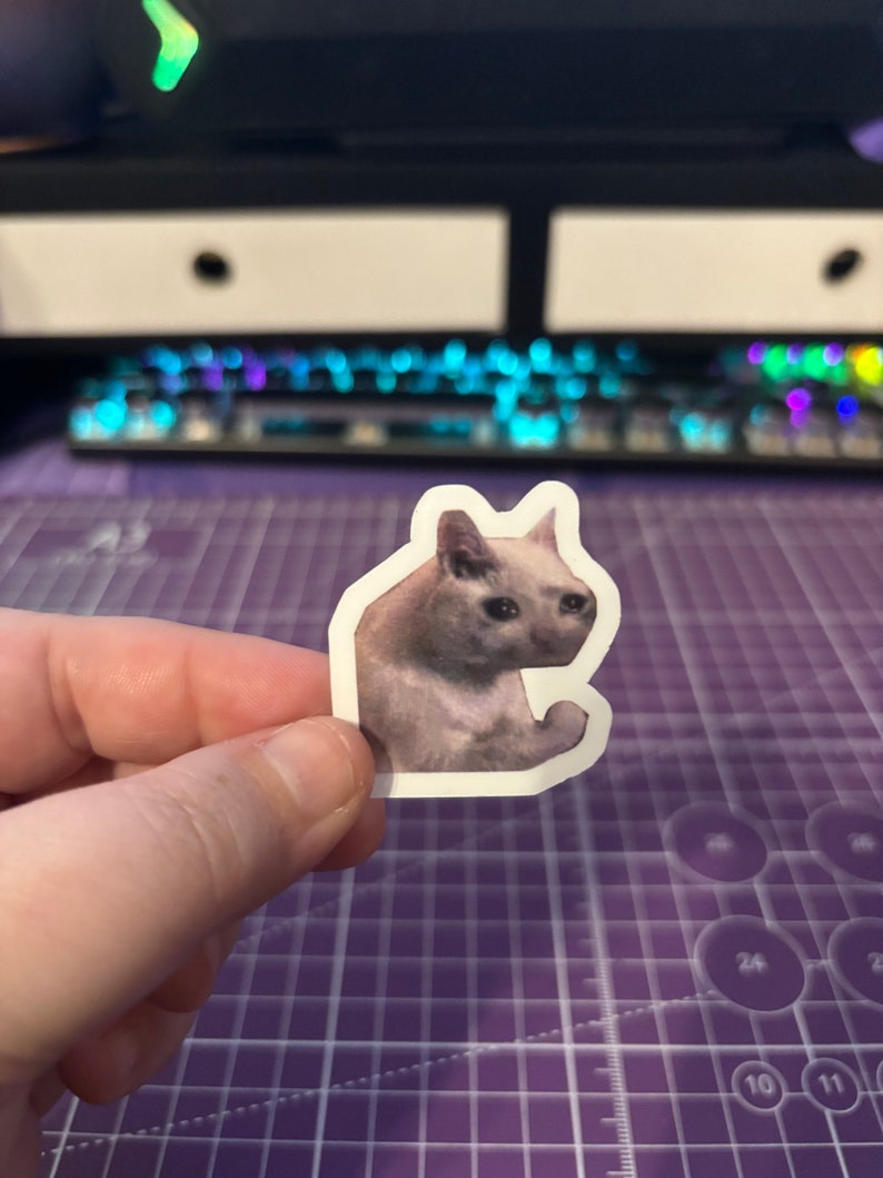 May include: A sticker featuring a sad-looking cat with a light brown coat. The cat is in a sitting position with its paws in front. The sticker is held by a hand against a purple cutting mat.