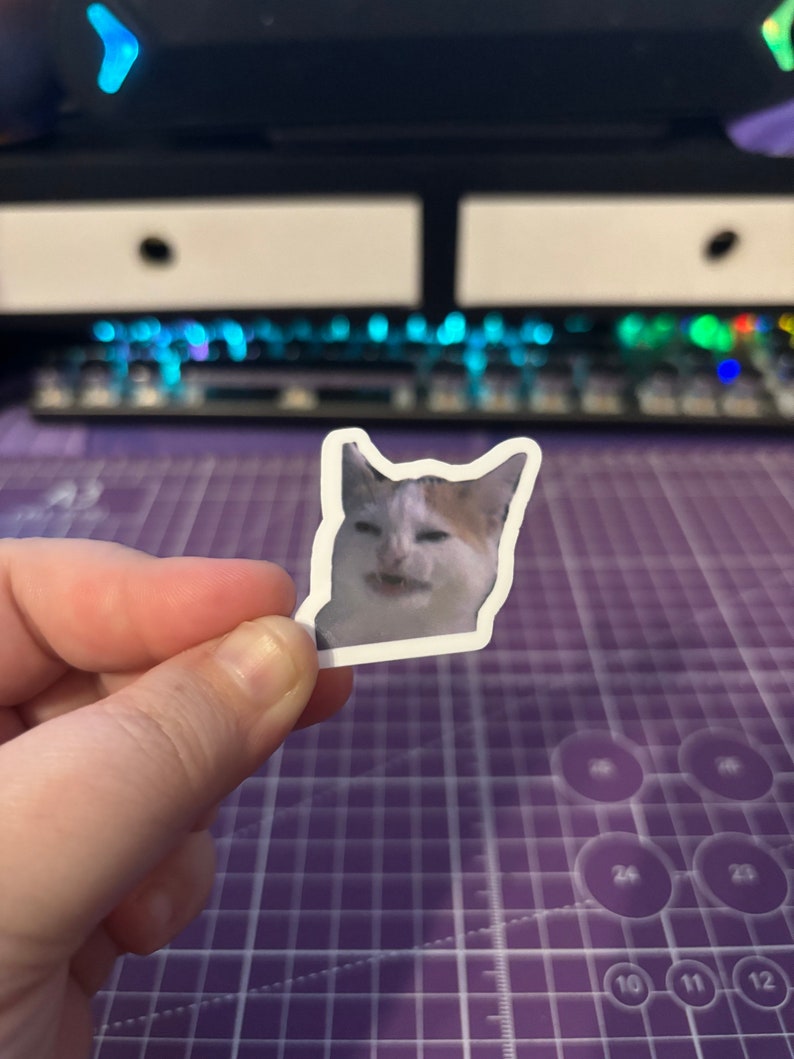 May include: A white sticker featuring a meme of a cat with a distressed expression. The cat has white and orange fur. The sticker is held by a hand against a purple cutting mat and a blurred background.