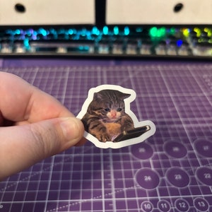 May include: A sticker featuring a sad-looking tabby cat sitting in front of a laptop. The cat has brown and tan fur and a distressed expression. The sticker is held against a purple cutting mat.