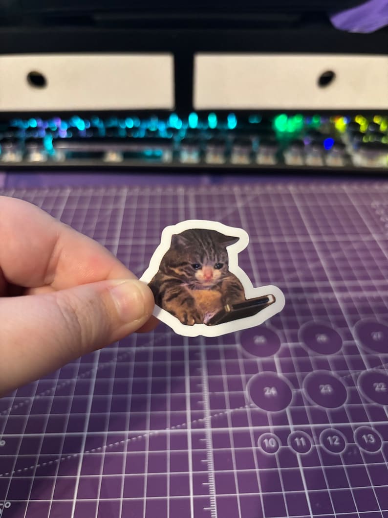 May include: A sticker featuring a sad-looking tabby cat sitting in front of a laptop. The cat has brown and tan fur and a distressed expression. The sticker is held against a purple cutting mat.