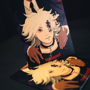 May include: A close-up of two illustrations of people with white hair. The first illustration is of a person with a black choker and a red and black shirt. The second illustration is of a person with a black shirt and a white and black patterned design. Both illustrations have a digital glitch effect.