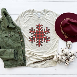 Buffalo Plaid Snowflakes | Holiday Themed Shirt | Bella Tee | Soft TShirt | Women's Christmas Graphic Tee | Snowflake Winter Tee