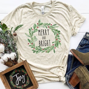 Merry and Bright Christmas Wreath Tee | Holiday Themed Shirt | Bella Tee | Soft TShirt | Women's Graphic Tee | Rae Dunn Inspired