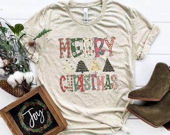 Merry Christmas Plaid | Holiday Themed Shirt | Bella Tee | Soft TShirt | Women's Graphic Tee | Christmas Ornament Vintage Tee Shirt