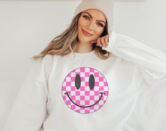 Pink Checker Happy Face Crew Neck Sweatshirt | Fall Sweater | Gift for Her | Gift under 30 | Crewneck | Fall Pullover | Retro Shirt