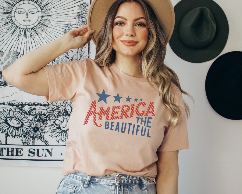 America The Beautiful Flag Tee Patriotic T Shirt 4th of July Tee Women's Tee USA Freedom America Stars and Stripes Heather Peach