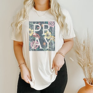 Distressed Floral Pray Graphic Tee - Christian Mom Life T-Shirt