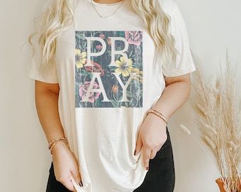 Distressed Floral Pray Graphic Tee - Christian Mom Life T-Shirt
