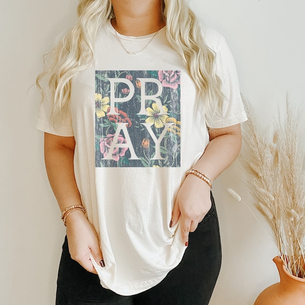 Distressed Floral Pray Graphic Tee - Christian Mom Life T-Shirt