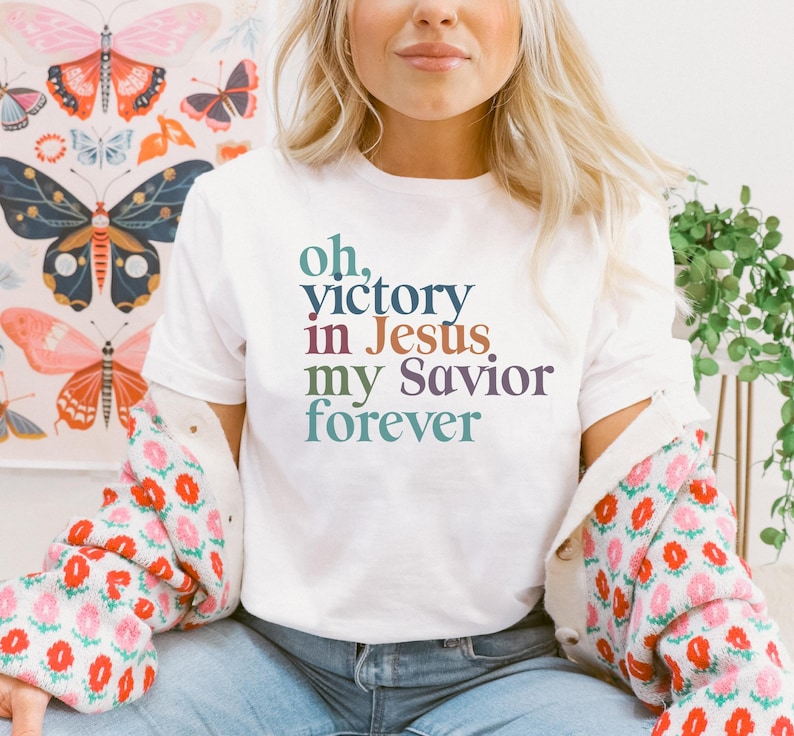 Oh Victory in Jesus Christian T-Shirt: Inspirational Hymn Graphic Tee White