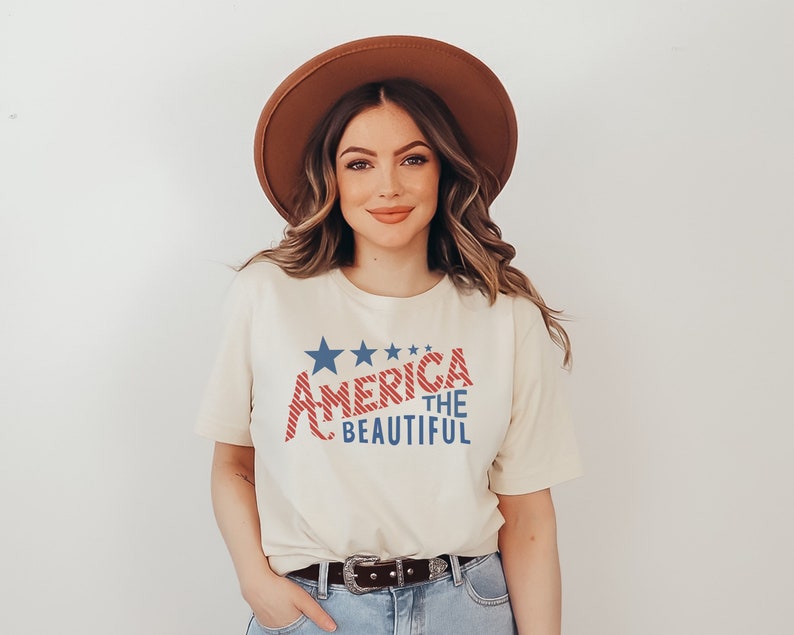 America The Beautiful Flag Tee Patriotic T Shirt 4th of July Tee Women's Tee USA Freedom America Stars and Stripes Natural