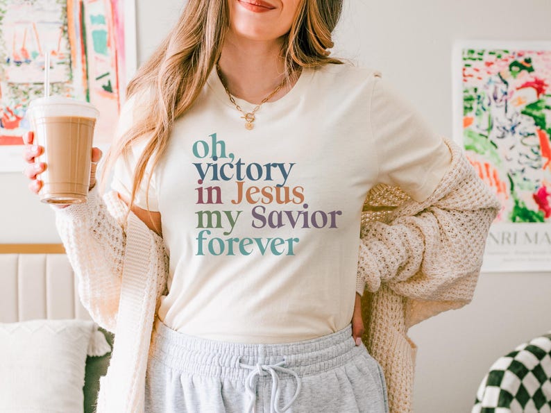 Oh Victory in Jesus Christian T-Shirt: Inspirational Hymn Graphic Tee Natural