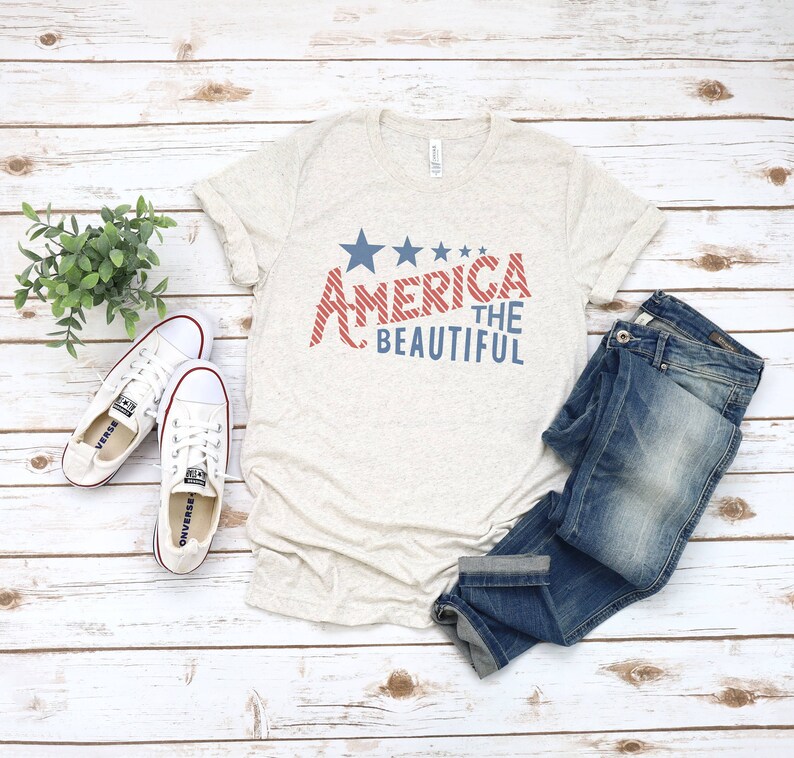 America The Beautiful Flag Tee Patriotic T Shirt 4th of July Tee Women's Tee USA Freedom America Stars and Stripes Oatmeal