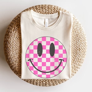 Pink Checker Happy Face l Checker Tee | Cute Fall Shirts | Women&#39;s Fall Tees | Bella Tee | TShirt | Women&#39;s Graphic Tee