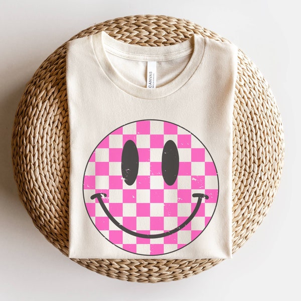 Pink Checker Happy Face l Checker Tee | Cute Fall Shirts | Women's Fall Tees | Bella Tee | TShirt | Women's Graphic Tee