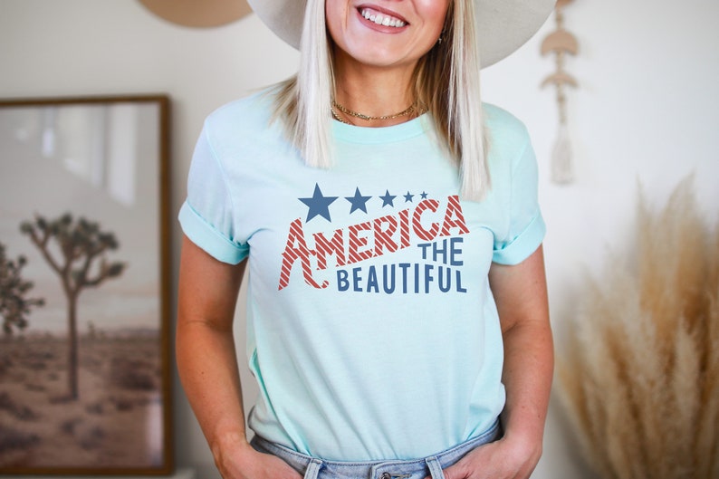 America The Beautiful Flag Tee Patriotic T Shirt 4th of July Tee Women's Tee USA Freedom America Stars and Stripes Ice Blue