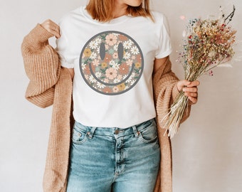 Floral Happy Face l Flower Smile Tee | Cute Happy Shirts | Women's Fall Tees | Bella Tee | TShirt | Women's Graphic Tee