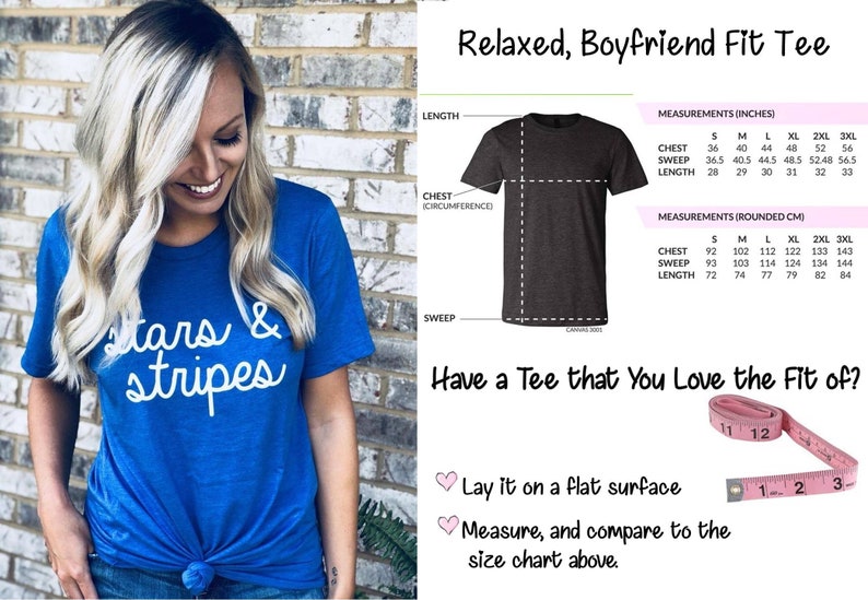 May include: A blue t-shirt with the text "Stars & Stripes" in white. The t-shirt is shown on a model and has a relaxed, boyfriend fit. A size chart is included with measurements in inches and centimeters.