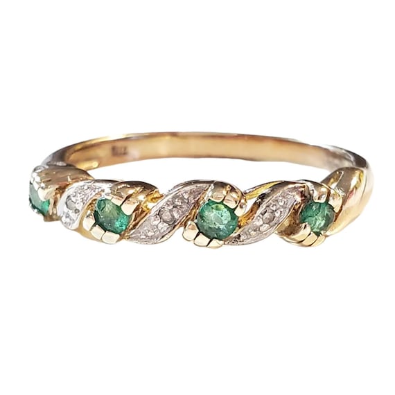 Antique Green Emerald Diamond & 9ct Gold Ring Siz… - image 1