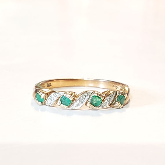 Antique Green Emerald Diamond & 9ct Gold Ring Siz… - image 10