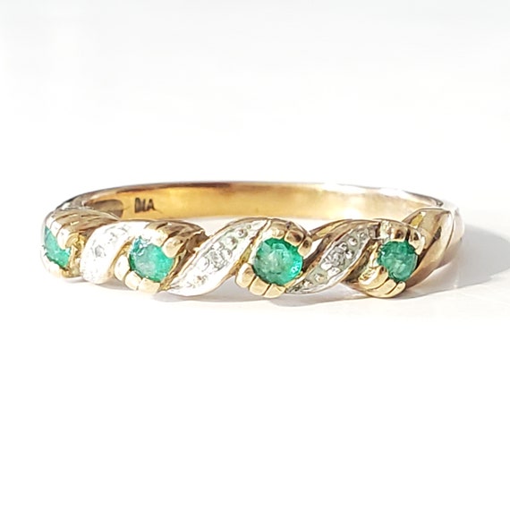 Antique Green Emerald Diamond & 9ct Gold Ring Siz… - image 4